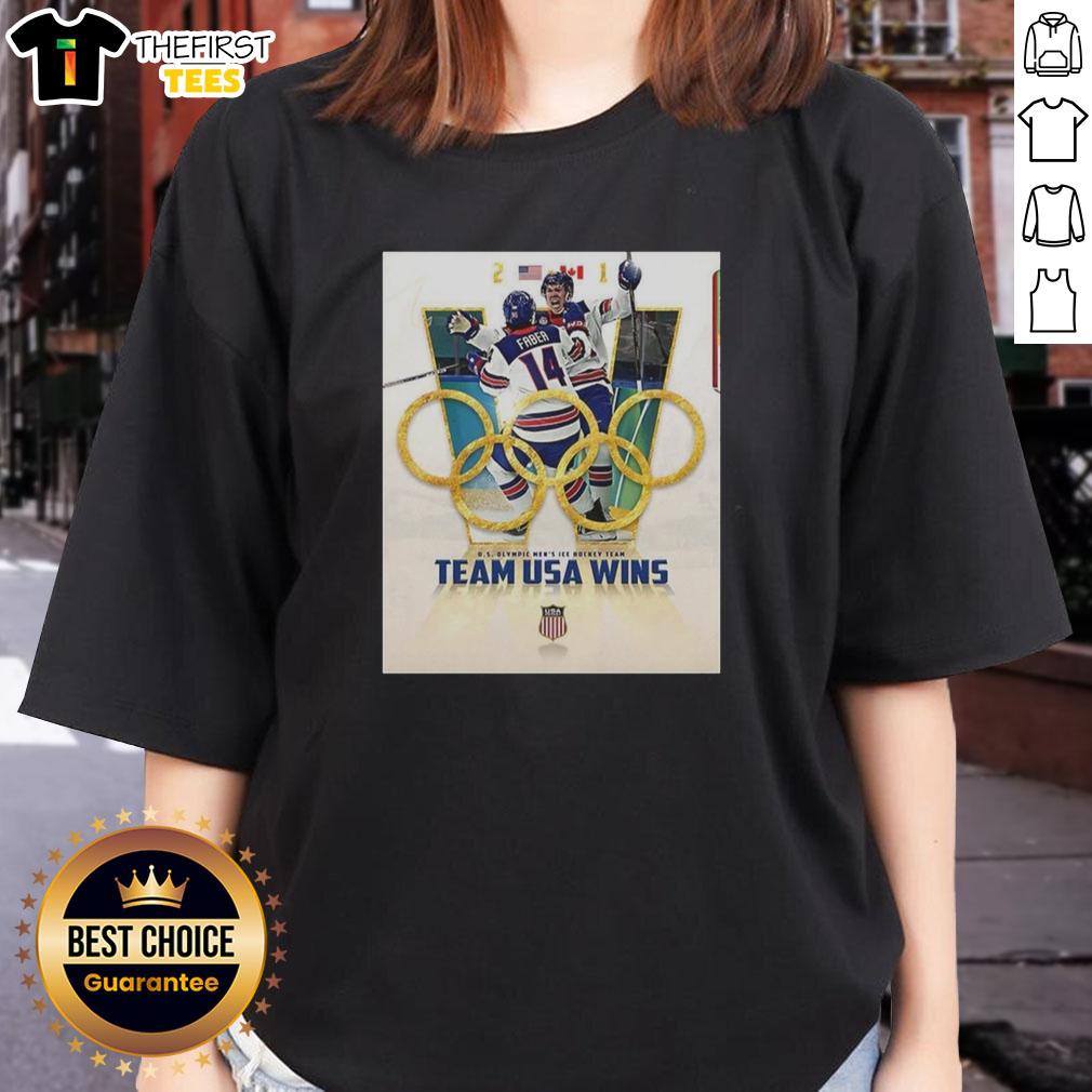 USA Men's Ice Hockey Team celebrates victory on 'Top US Olympic Men's Ice Hockey Team' ladies tee shirt.