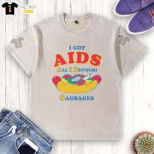 Good I Got Aids T-shirt featuring fun sausage graphics, perfect for casual wear and statement fashion.