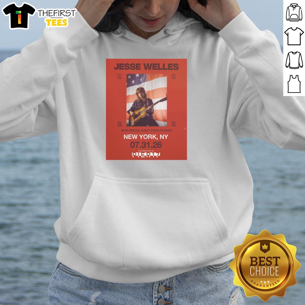 Good Jesse Welles Red Tour 2026 North America city dates poster on a hoodie, showcasing tour locations and dates.