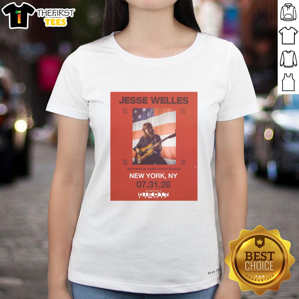 Alt Text: Good Jesse Welles Red Tour 2026 North America City Dates poster on a ladies tee showcasing tour details.