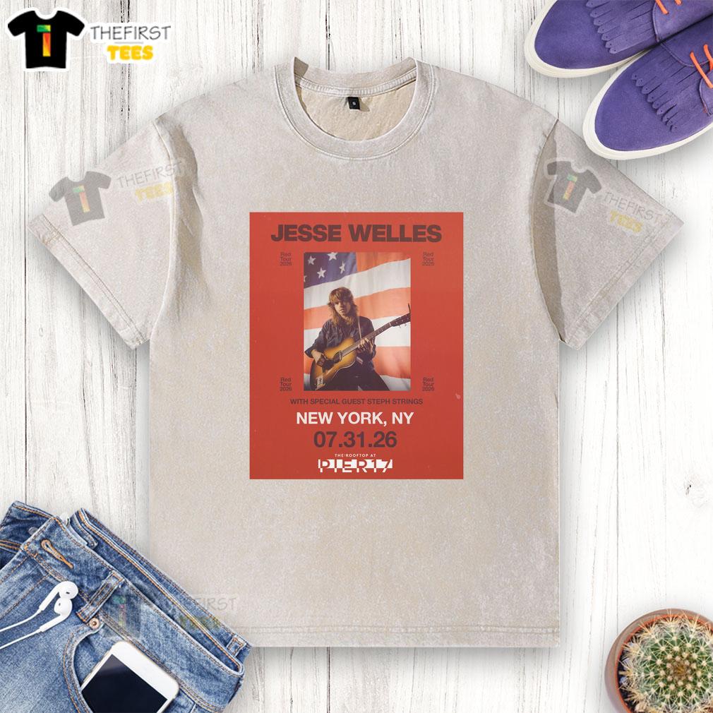 Good Jesse Welles Red Tour 2026 North America city dates poster on a washed t-shirt, showcasing vibrant tour details.