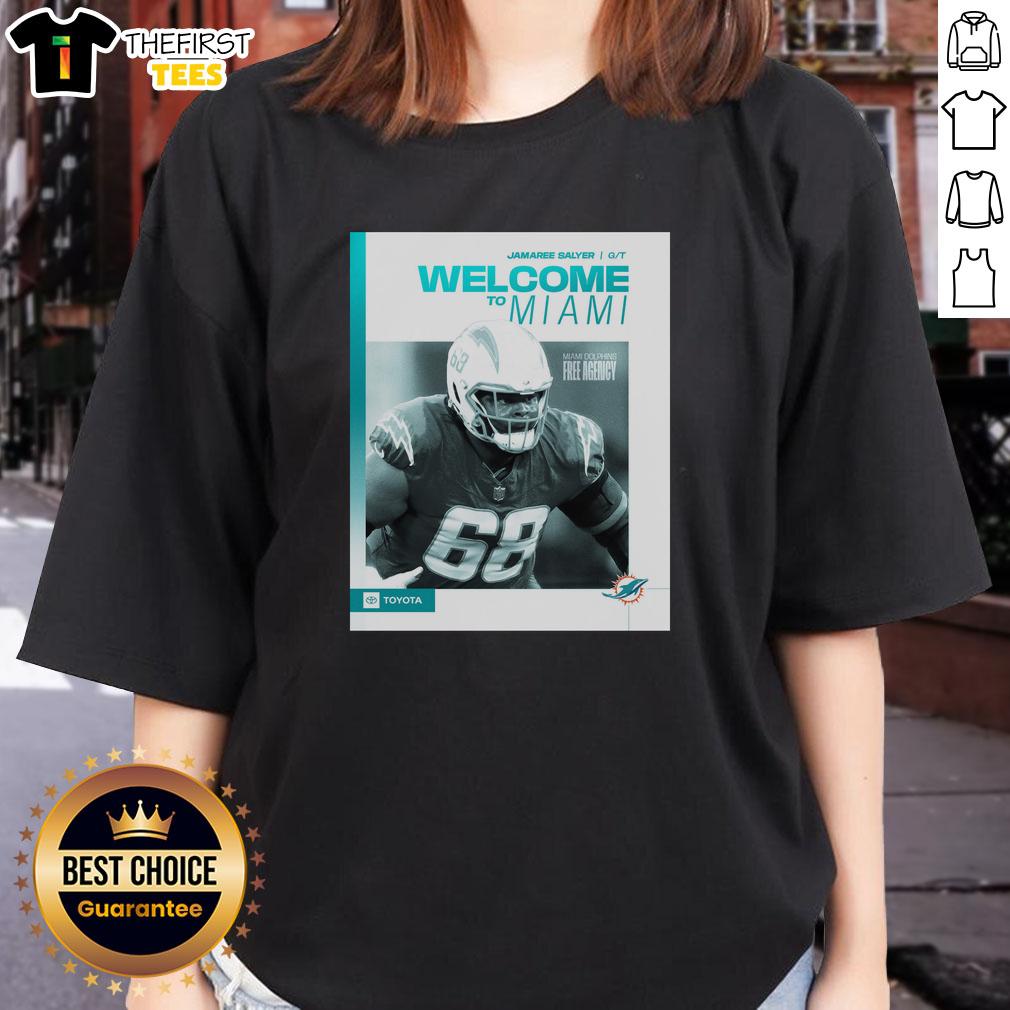 Hot Jamaree Salyer Miami Dolphins Welcome to Miami ladies tee featuring vibrant team colors and stylish design.