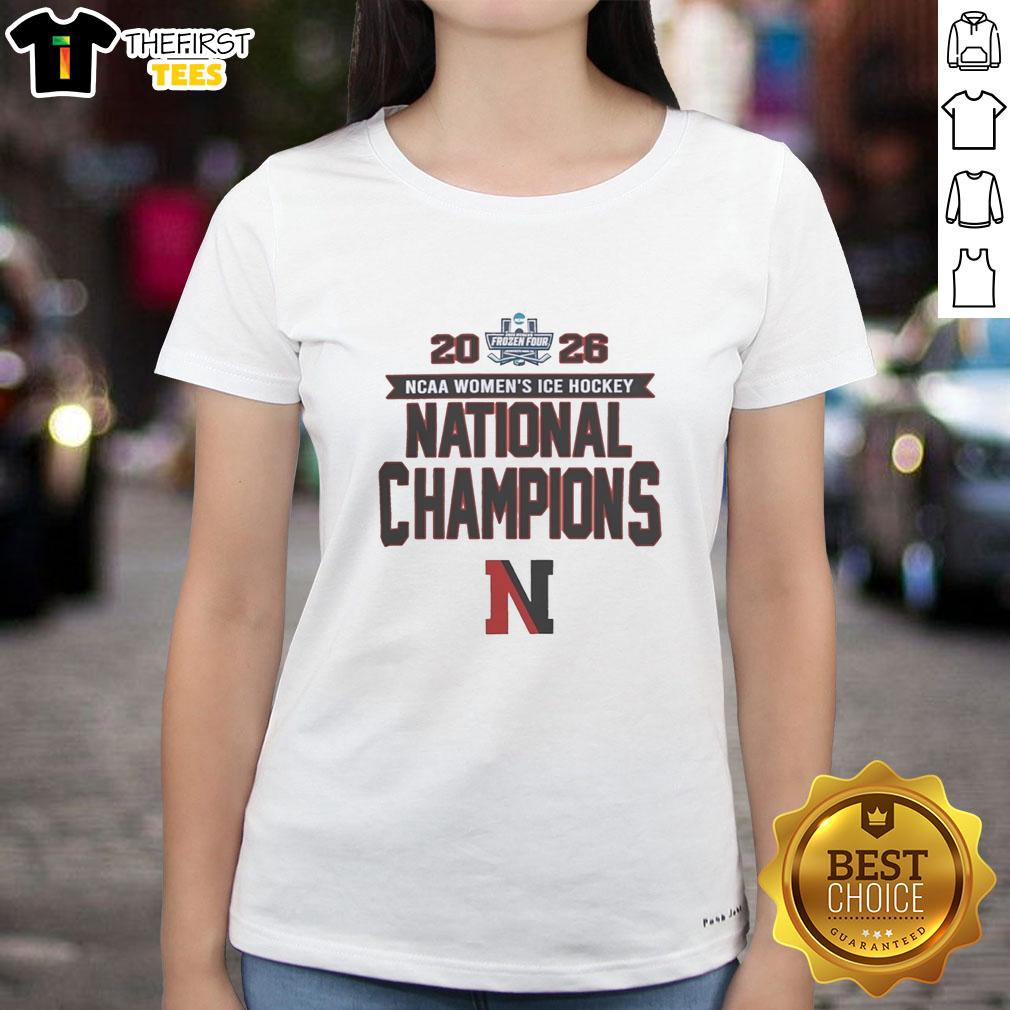 Hot Northeastern Huskies NCAA Women's Ice Hockey Frozen Four Champions 2026 Ladies Tee showcasing team pride and victory.