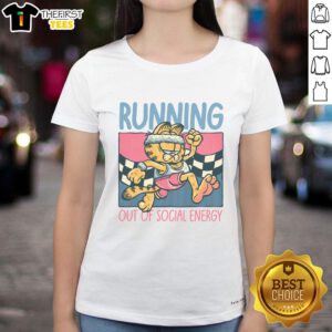 Funny Garfield running out of social energy on a ladies tee, perfect for introverts and cat lovers. Shop now!