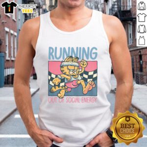 Garfield running out of social energy on a tank top, featuring a humorous design perfect for introverts and cat lovers.