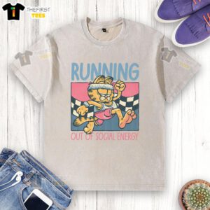 Garfield running out of social energy on a stylish washed t-shirt, perfect for cat lovers and introverts alike.