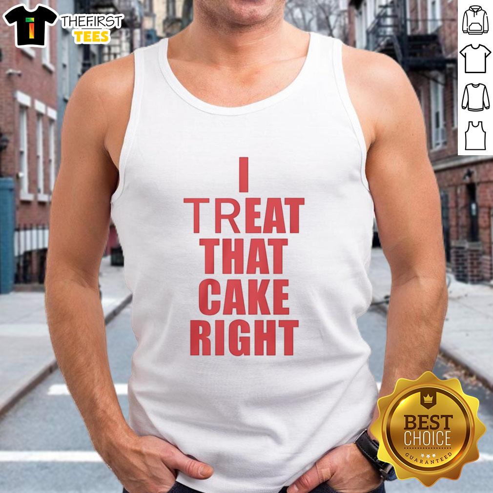 Alt Text: Woman wearing a red tank top with 'Nice I Treat That Cake Right' text, showcasing trendy casual fashion.