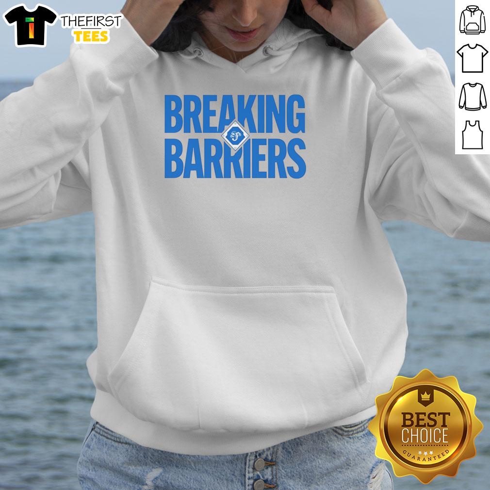 Nice Jacksonville Jumbo Shrimp Breaking Barriers hoodie featuring vibrant team colors and logo, perfect for fans.