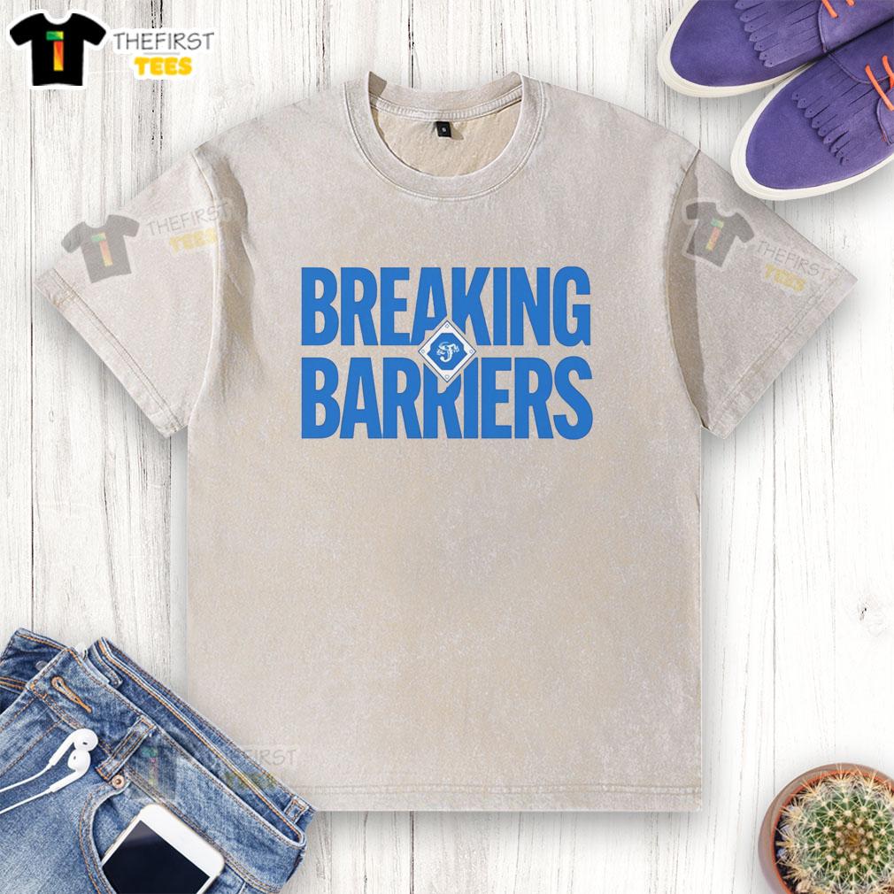 Alt Text: Nice Jacksonville Jumbo Shrimp Breaking Barriers washed t-shirt design featuring team colors and logo.