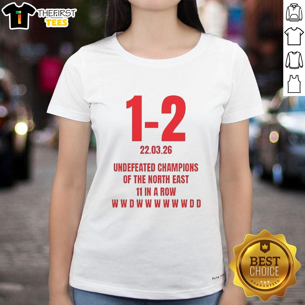 Alt Text: Nice Undefeated Champions of the North East 11 in a Row Ladies Tee, showcasing a stylish design for women's sports apparel.