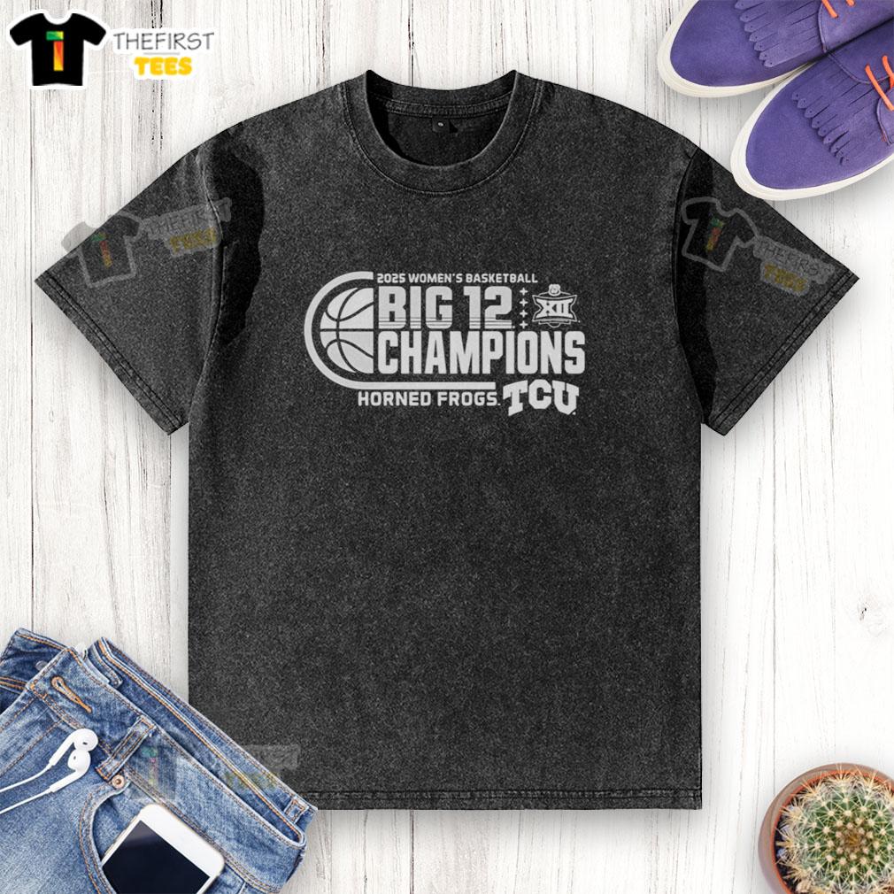 2025 Big 12 Conference Champions TCU Horned Frogs women's basketball washed t-shirt in purple with logo and team graphics.