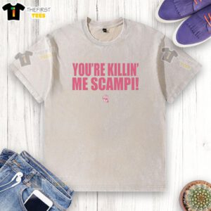 Original You're Killin' Me Scampi washed t-shirt featuring a fun seafood graphic and stylish design for casual wear.