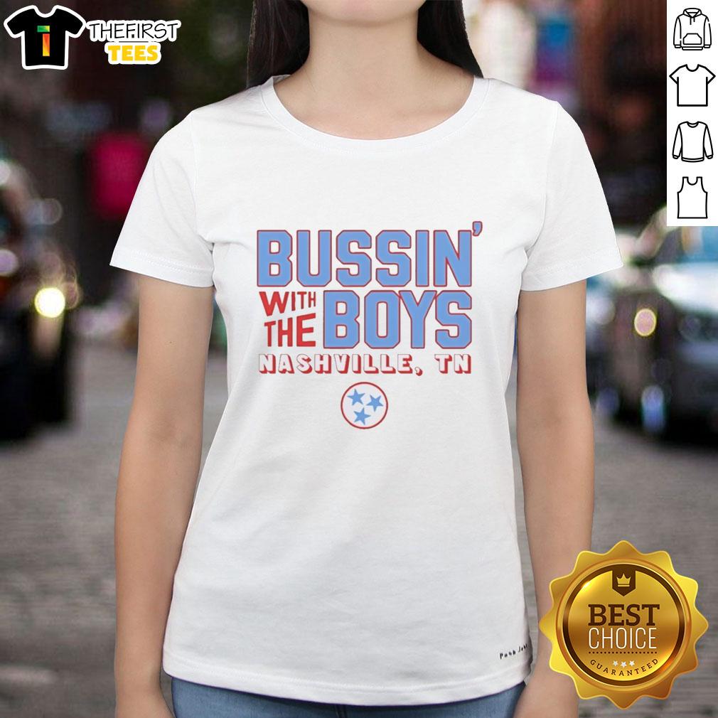Premium Bussin With The Boys Nashville TN ladies tee featuring three blue stars design, perfect for casual outings.