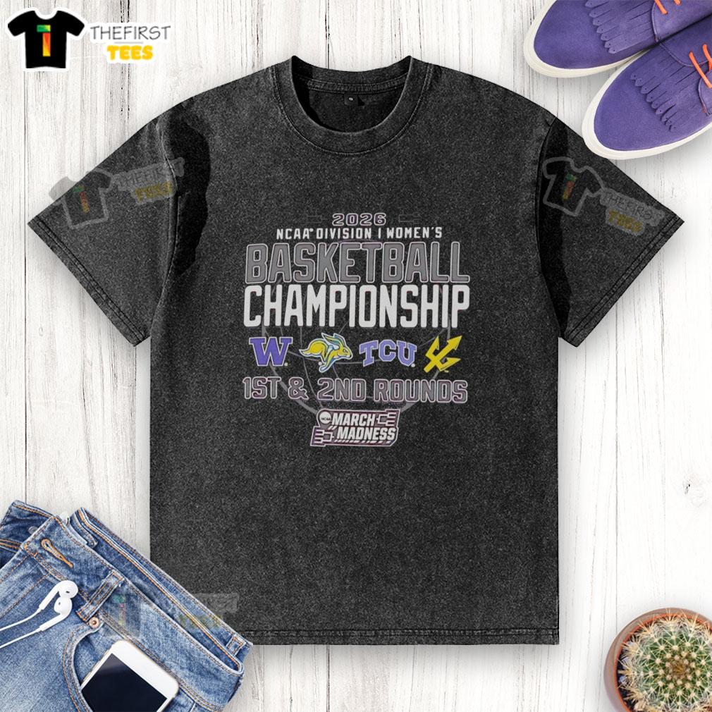 Premium NCAA Division I Women's Basketball Championship 2026 washed T-shirt featuring teams from Washington, South Dakota, TCU, UC San Diego.