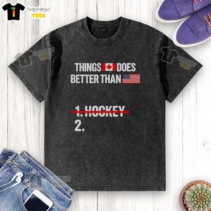 Alt Text: Premium patriotic American washed t-shirt featuring a funny sarcastic quote about Canada and USA humor.
