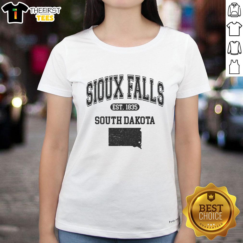 Premium Sioux Falls South Dakota Est 1835 Varsity Ladies Tee in stylish design, perfect for casual wear and local pride.