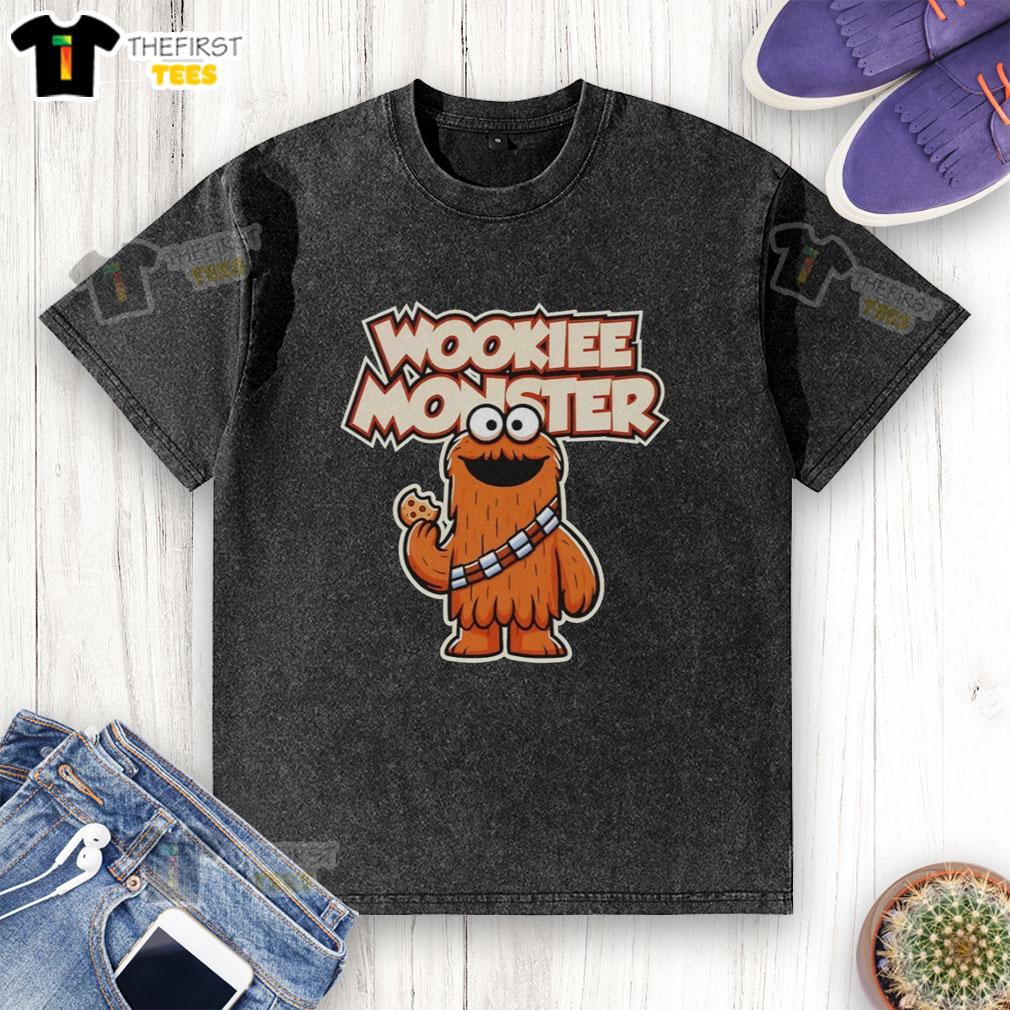 Alt Text: Premium Wookiee Monster eating a cookie on a funny washed t-shirt design for humor lovers.
