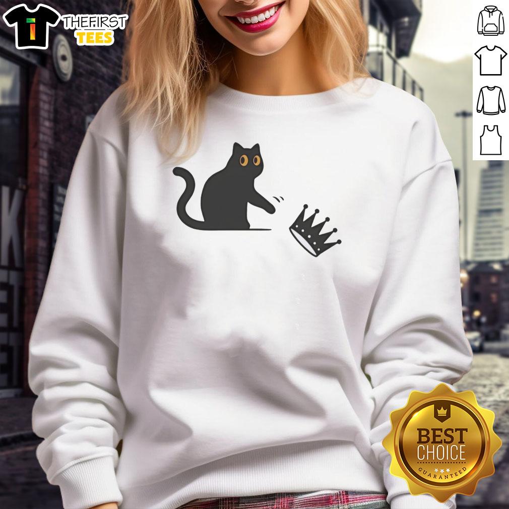 Alt Text: Black cat wearing a crown on a cozy sweatshirt, titled Pretty Black Cat Throw Crown No Kings In American.