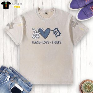 Pretty Detroit Tigers peace love hand sign heart logo on a washed t-shirt, perfect for baseball fans.