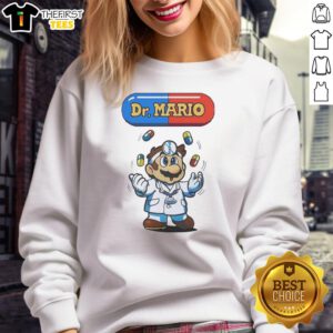 Alt Text: Dr. Mario sweatshirt featuring a colorful design of Dr. Mario juggling pills in a fun, playful style.