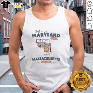 Maryland girl wearing a tank top with a Massachusetts state map outline, showcasing her unique style and pride.