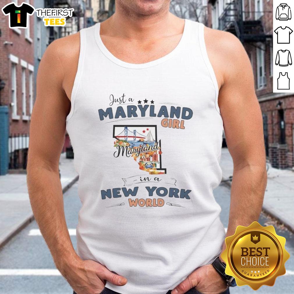 Maryland girl in New York world tank top featuring a state map outline, showcasing unique style and pride.