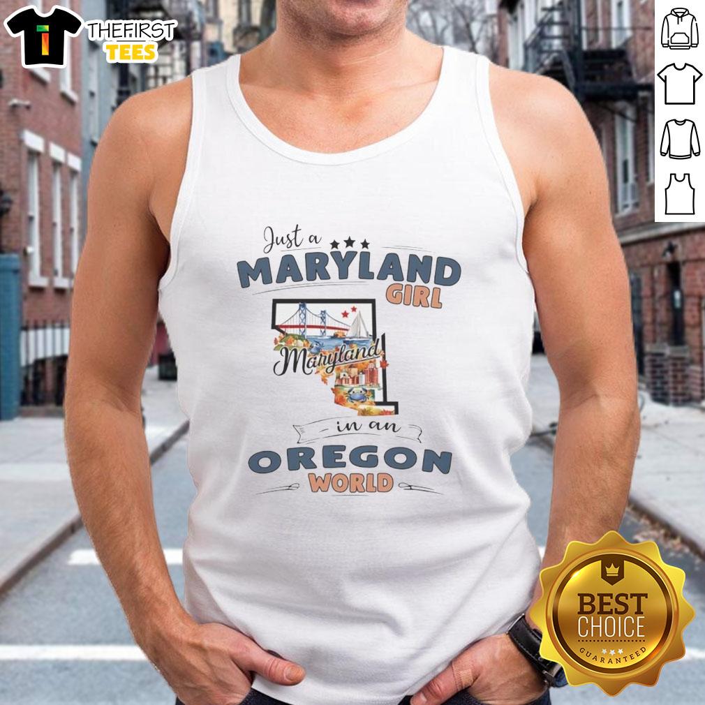 Maryland girl wearing a state map outline tank top in Oregon, showcasing unique style and pride in her roots.