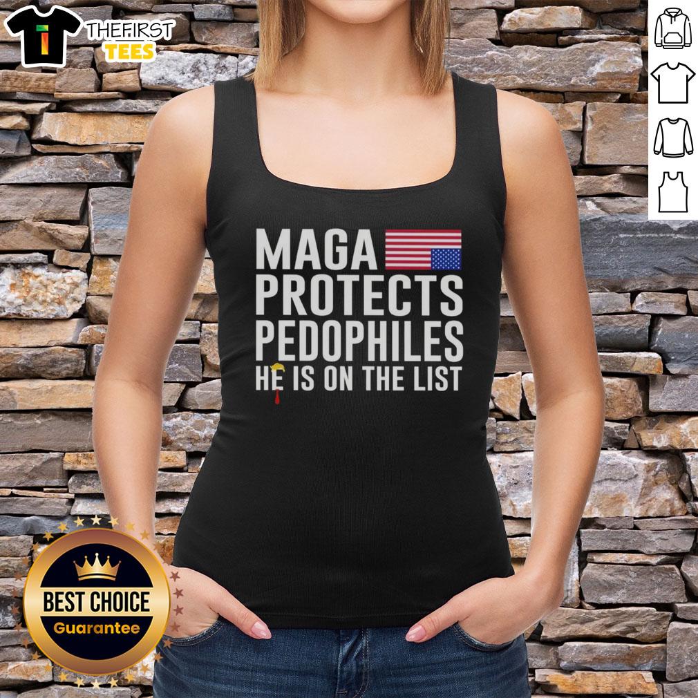 Pretty Maga tank top with text 'Protects Pedophiles - He Is On The List', showcasing bold political commentary fashion.