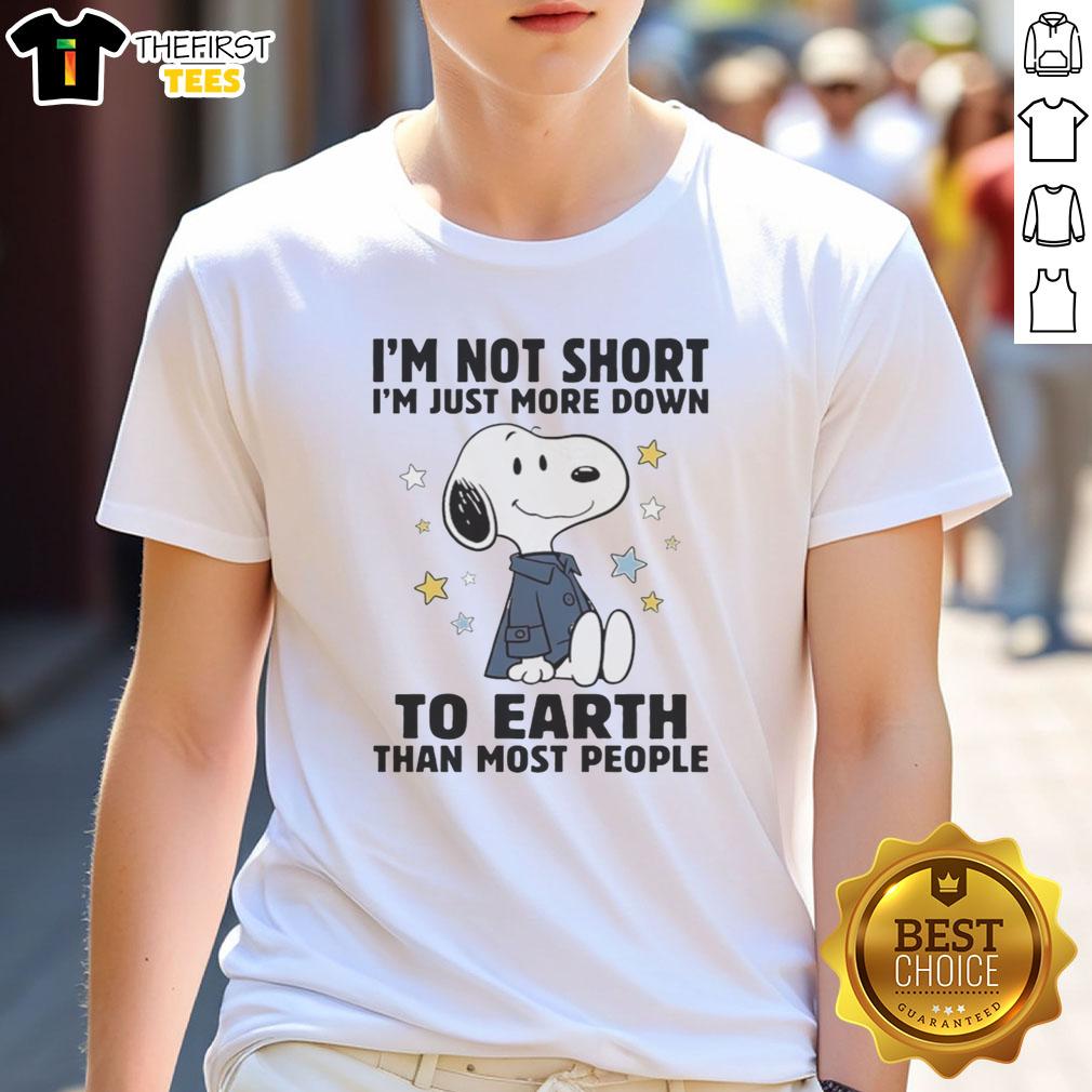 Alt Text: Pretty Snoopy 'I'm Not Short I'm Just More Down' T-Shirt featuring a playful Snoopy graphic, perfect for casual wear.