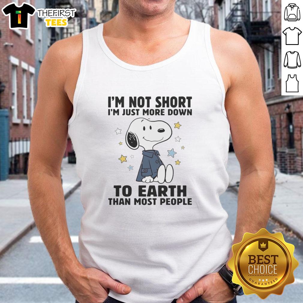 Pretty Snoopy tank top with 'I'm not short, I'm just more down' design, perfect for casual wear and Snoopy fans.