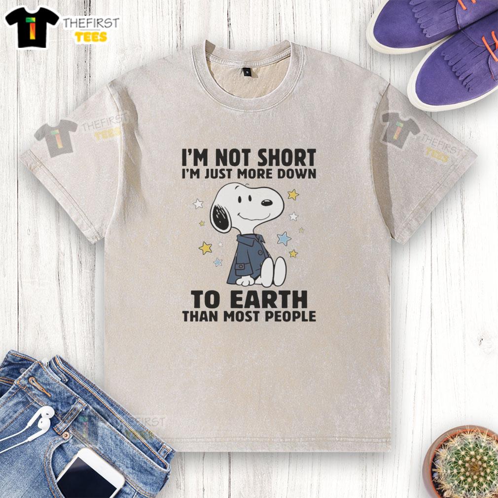 Pretty Snoopy t-shirt with 'I'm not short, I'm just more down' slogan, perfect for casual outings and fans of Peanuts.