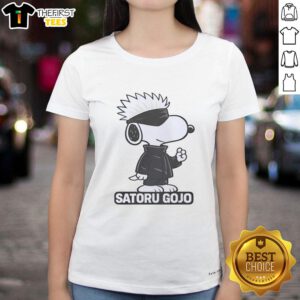 Pretty Snoopy Satoru Gojo ladies tee featuring a colorful design of Snoopy and Satoru Gojo, perfect for anime fans.