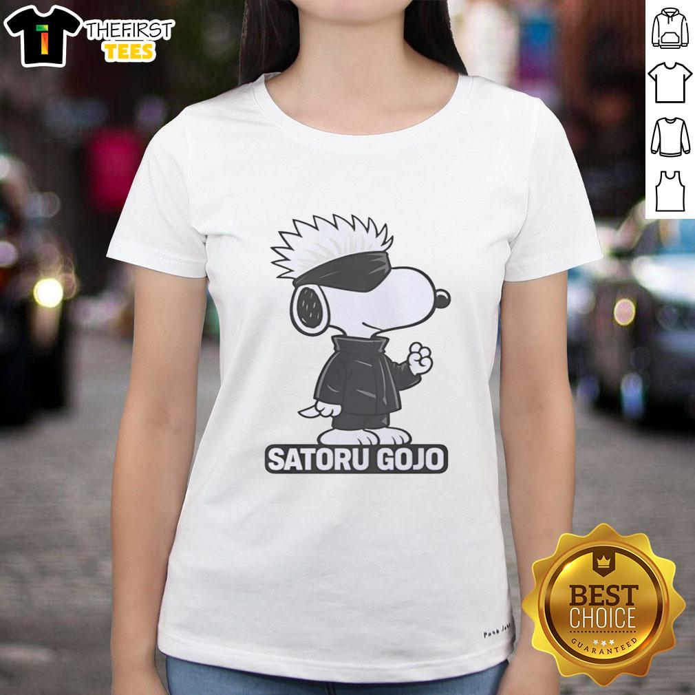 Pretty Snoopy Satoru Gojo ladies tee featuring a colorful design of Snoopy and Satoru Gojo, perfect for anime fans.
