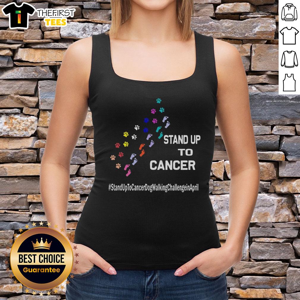 Person wearing a tank top with 'Stand Up to Cancer' and dog paw prints, promoting the April dog walking challenge.