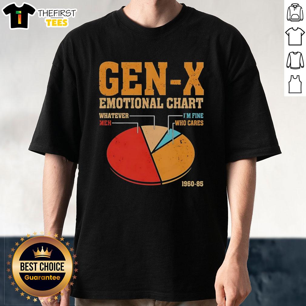 Vintage Gen-X emotional chart t-shirt featuring 'Whatever Meh Im Fine Who Cares' design from 1960-85.