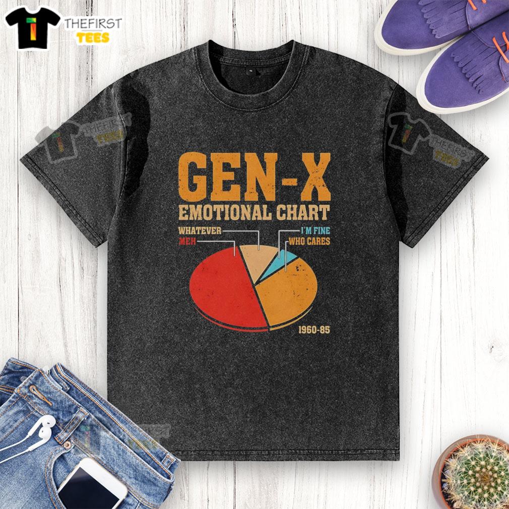 Vintage washed T-shirt featuring the 'Whatever Meh I'm Fine Who Cares' emotional chart for Gen X, 1960-85 design.