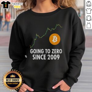 Trendy Bitcoin sweatshirt featuring 'Top Going to Zero Since 2009' design, perfect for crypto enthusiasts.