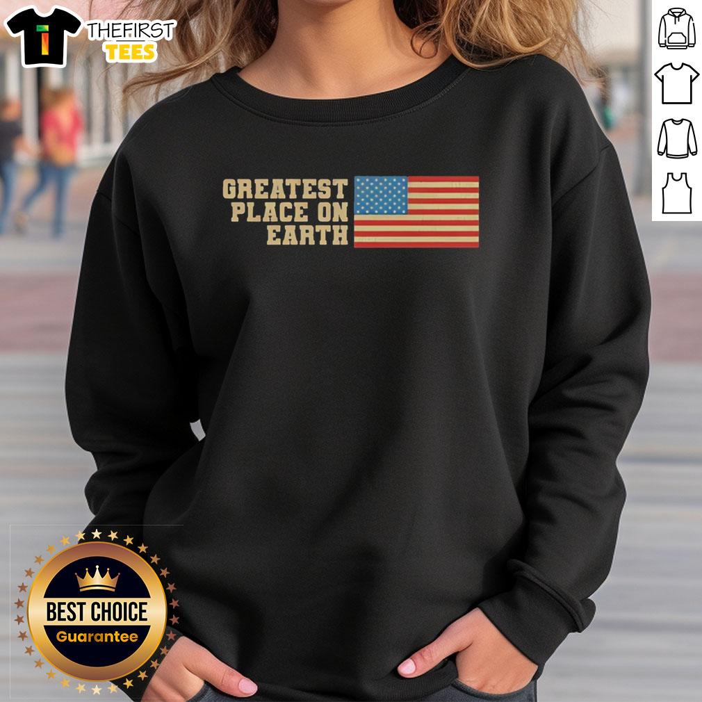 Retro sweatshirt featuring the American flag, perfect for showcasing patriotism and style. Top greatest place on Earth apparel.
