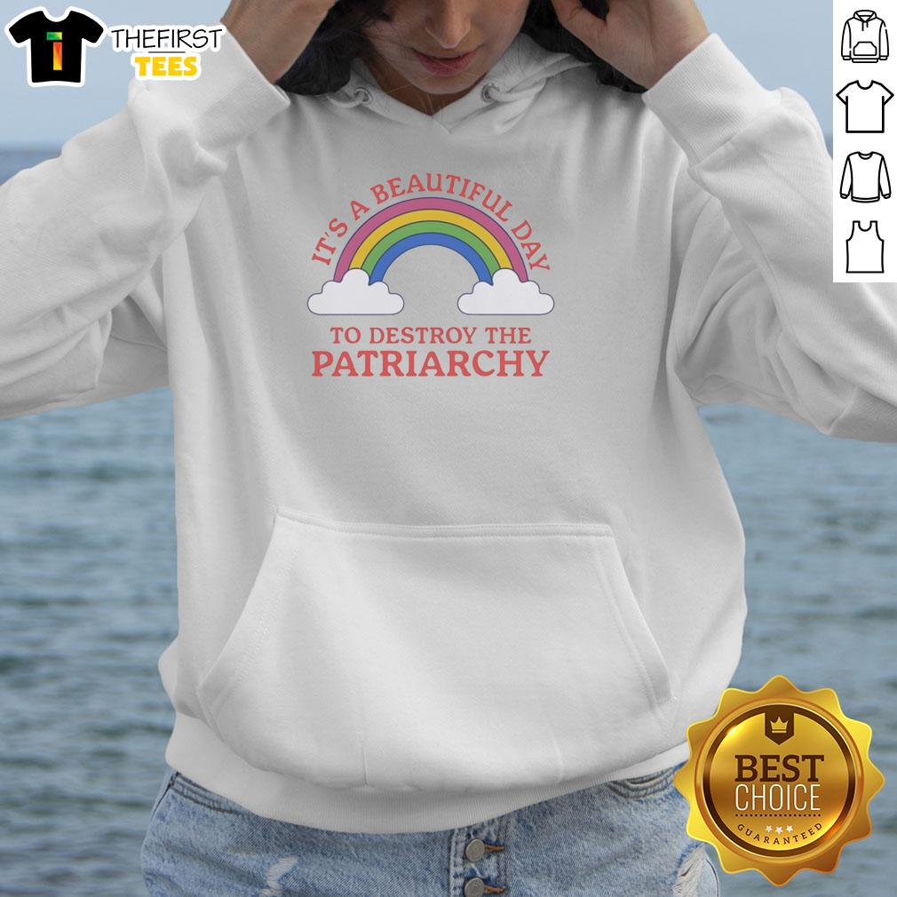 Colorful rainbow and cloud hoodie with 'It's a Beautiful Day to Smash the Patriarchy' design, perfect for feminist fashion.
