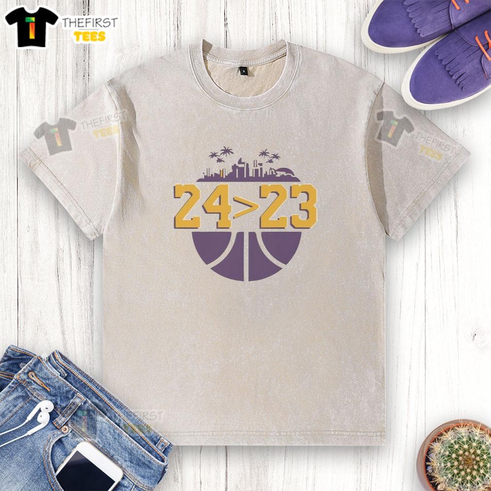 Top Kobe Bryant Los Angeles Lakers NBA 24 over 23 washed t-shirt featuring vibrant team colors and iconic player design.