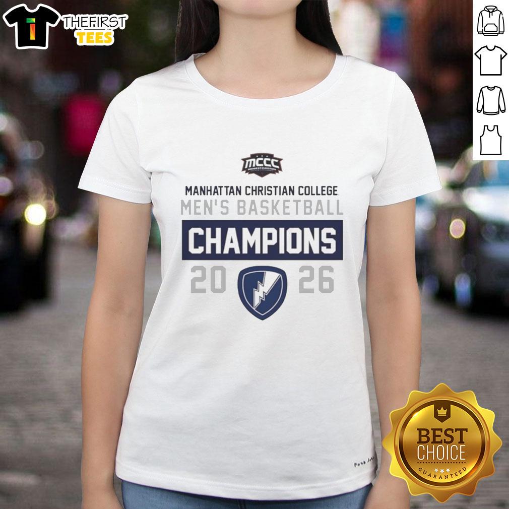 Top Manhattan Christian College Men's Basketball Champions 2026 Ladies Tee featuring vibrant team colors and logo.