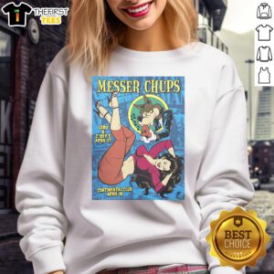 Alt Text: Top Messer Chups Whistle Bait silkscreen poster on a stylish sweatshirt, featuring vibrant artwork and unique design.