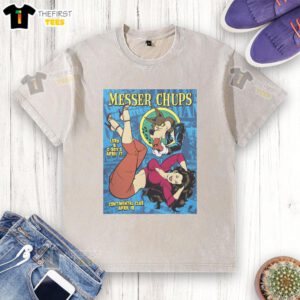 Alt Text: Top Messer Chups Whistle Bait silkscreen poster design on a washed t-shirt, showcasing vibrant colors and unique art.