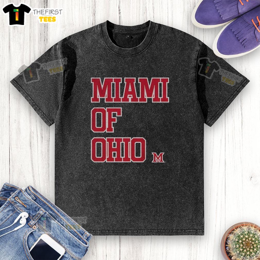 Top Miami Redhawks Basketball Miami of Ohio washed t-shirt featuring team logo and vintage style design.