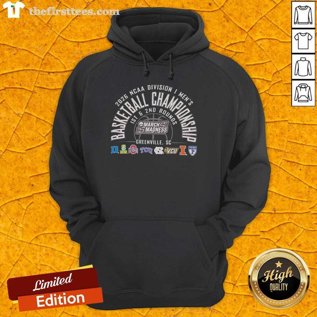 Alt Text: 2026 NCAA Division I Men's Basketball Championship hoodie for March Madness 1st and 2nd rounds in Greenville, SC.