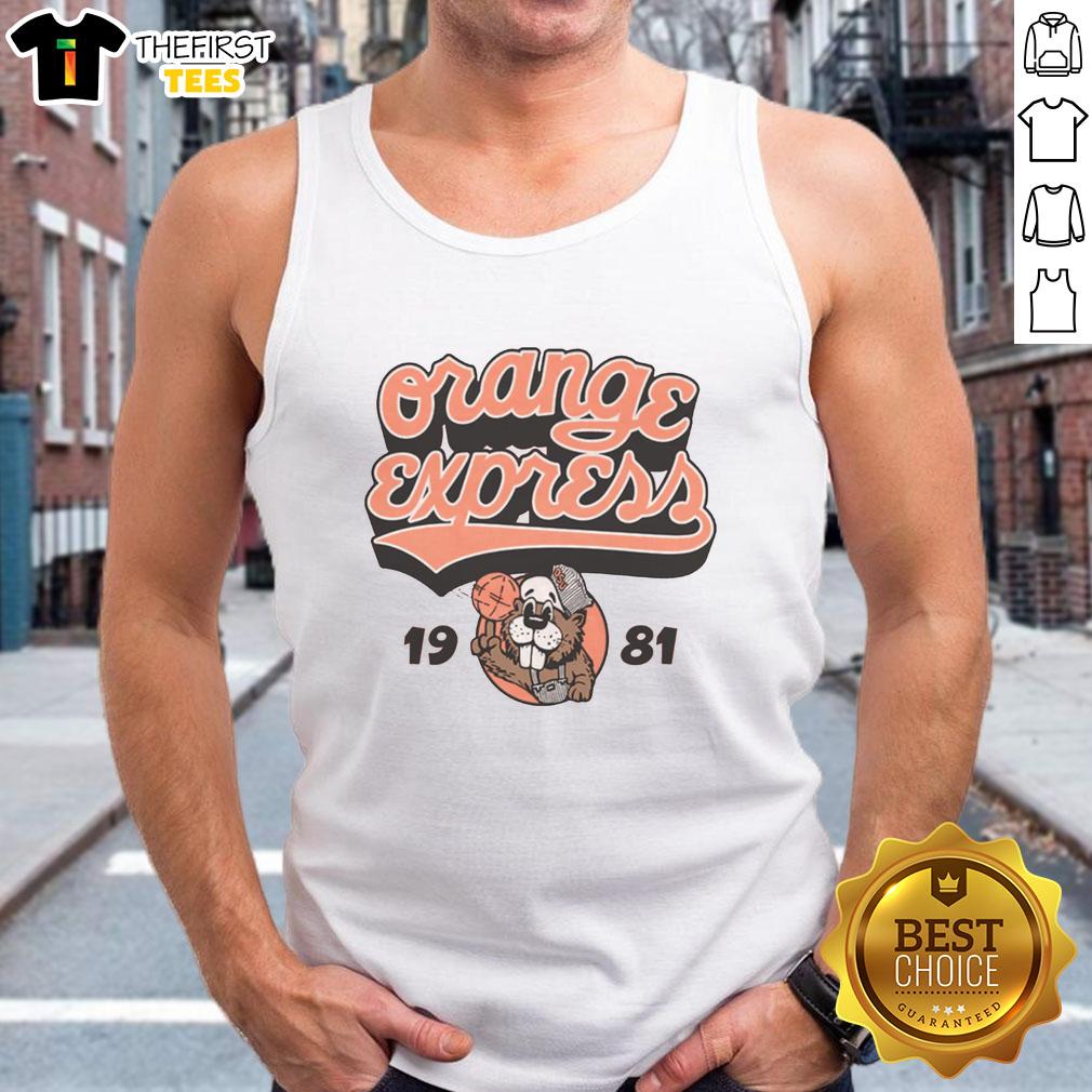 Vintage 1981 OSU Basketball tank top in vibrant orange, featuring 'Top Orange Express' graphic, perfect for sports fans.