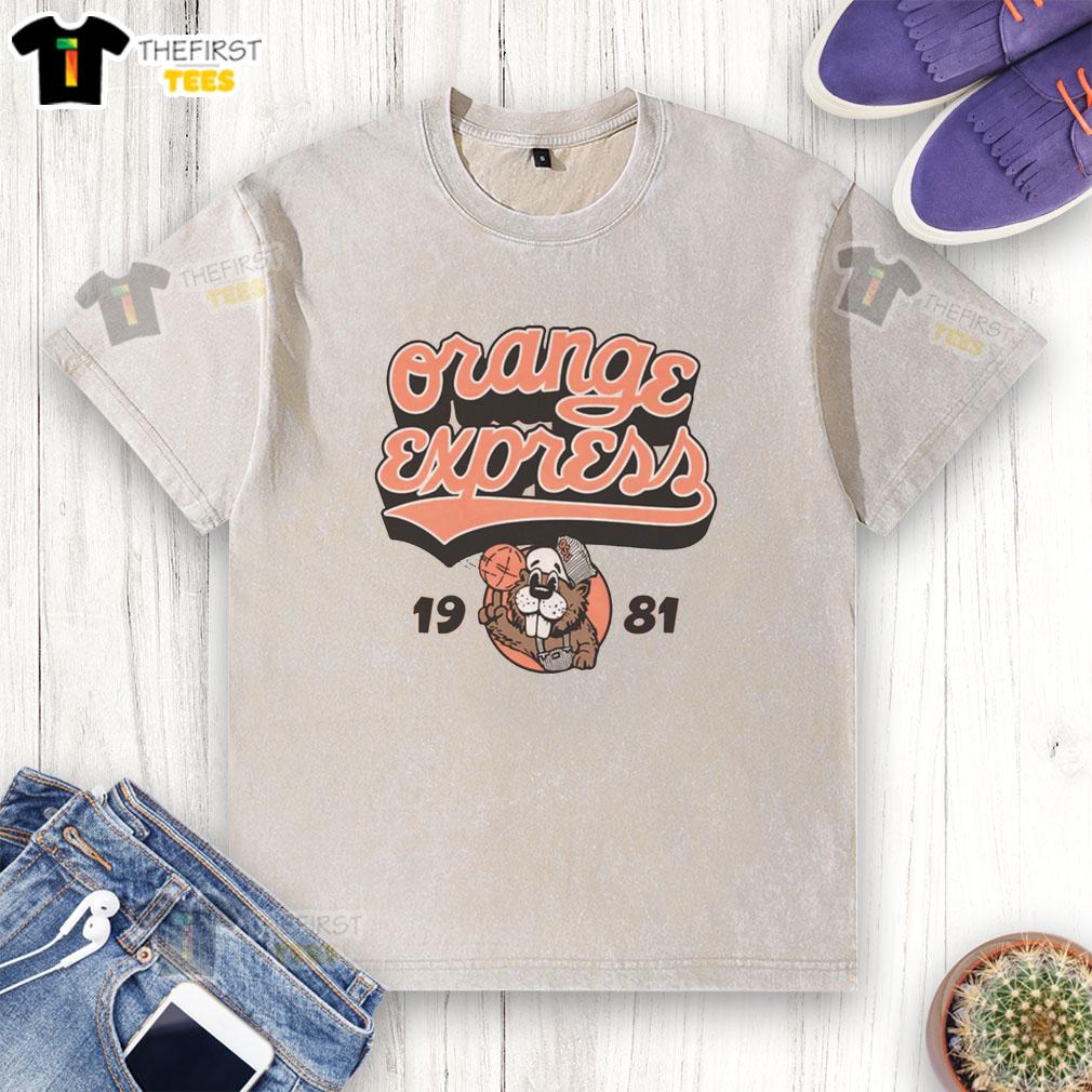 Vintage washed t-shirt featuring the Top Orange Express 1981 OSU Basketball logo, perfect for sports enthusiasts and collectors.