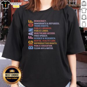 Top Radicalized By Basic Decency tee showcasing support for democracy, immigrants, refugees, and trans rights.