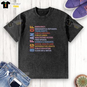 White t-shirt featuring the phrase 'Top Radicalized by Basic Decency' promoting democracy, immigrants, refugees, and trans rights.