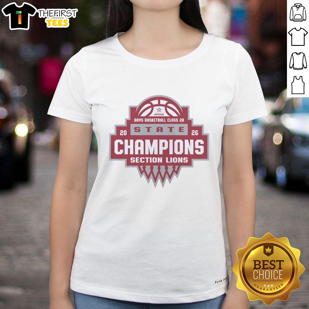 Alt Text: Top Section of Lions AHSAA Boys Basketball Class 2A State Champions 2026 Ladies Tee, featuring team logo and colors.
